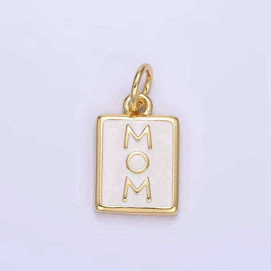 24K Gold Filled "MOM" White Enamel Tag Charm | E356