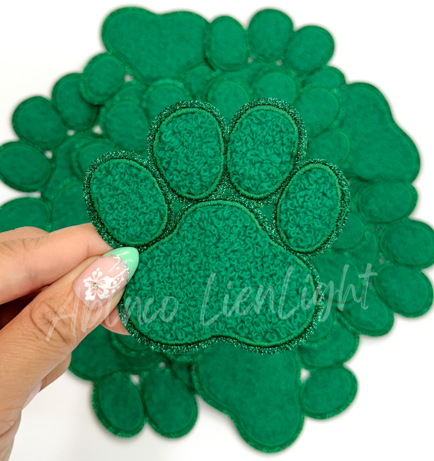 Green chenille paw print trucker hat patch iron on