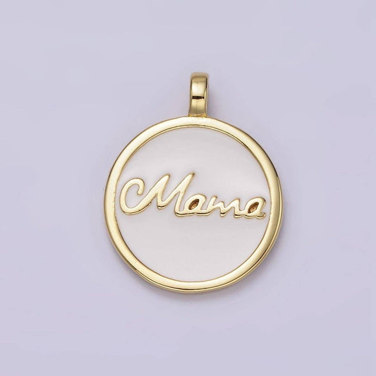 24K Gold Filled "Mama" Script White Enamel Round Medallion Charm | AC1422