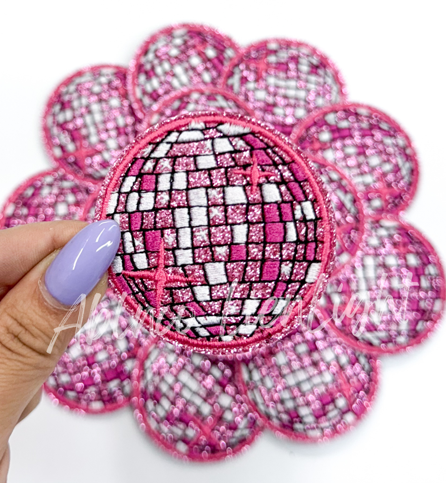 2” Pink glitter disco ball embroidery patch iron on