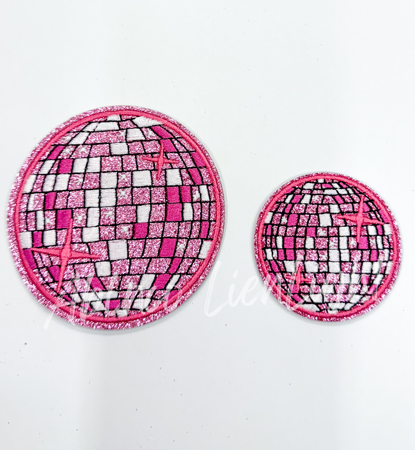 2” Pink glitter disco ball embroidery patch iron on