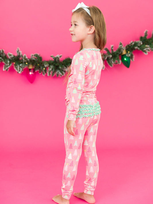 Toddler Girls Merry Pink Pines Bamboo Viscose Ruffle Long Sleeve Pajama Set